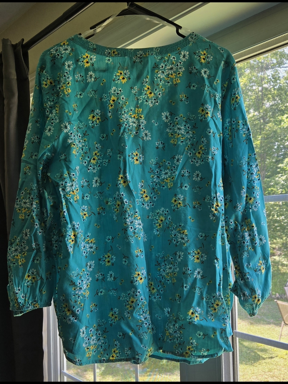St. John's Bay Teal Floral V-Neck Long Sleeve Blouse - Picture 2 of 4